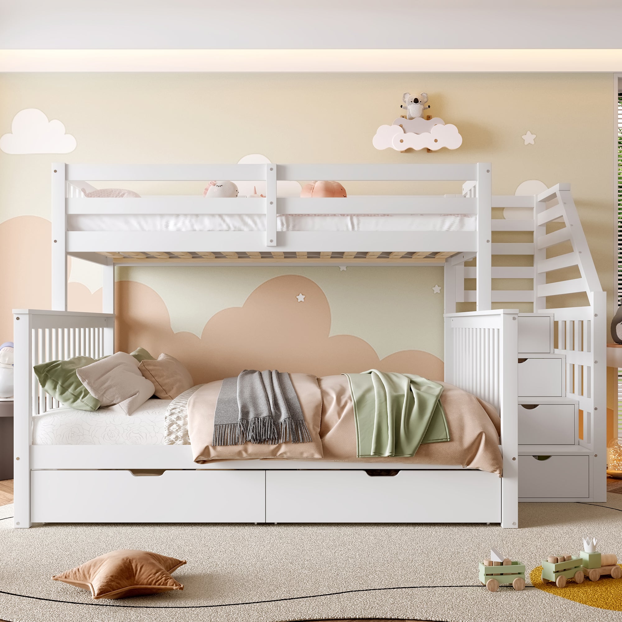 Lit superposé enfant 90x200cm et 140x200cm avec 2 tiroirs et un escalier de rangement, bois, blanc - 2