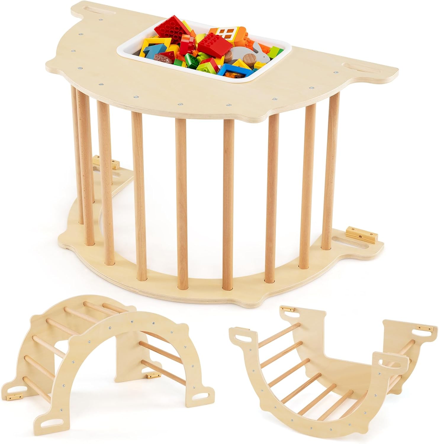 8w1 Drewniana Drabinka Montessori z Konikiem na Biegunach i Pojemnikiem, dla Dzieci 3+, Maks. 50 kg (90x50x48 cm, Naturalny).