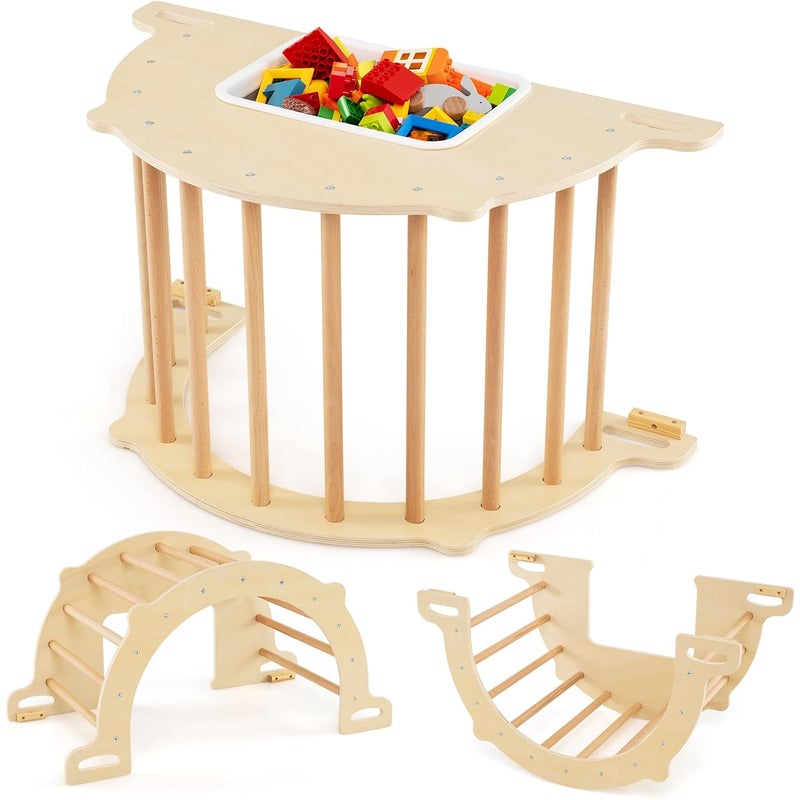 8w1 Drewniana Drabinka Montessori z Konikiem na Biegunach i Pojemnikiem, dla Dzieci 3+, Maks. 50 kg (90x50x48 cm, Naturalny).