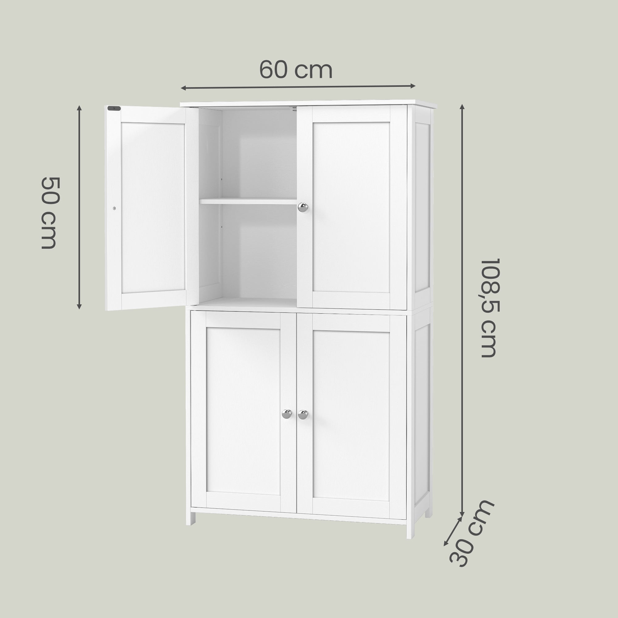 Armoire Haute de Rangement, Meuble de Cuisine avec 4 Portes, 2 Étagères Réglables, Style Shaker, Blanc - 5