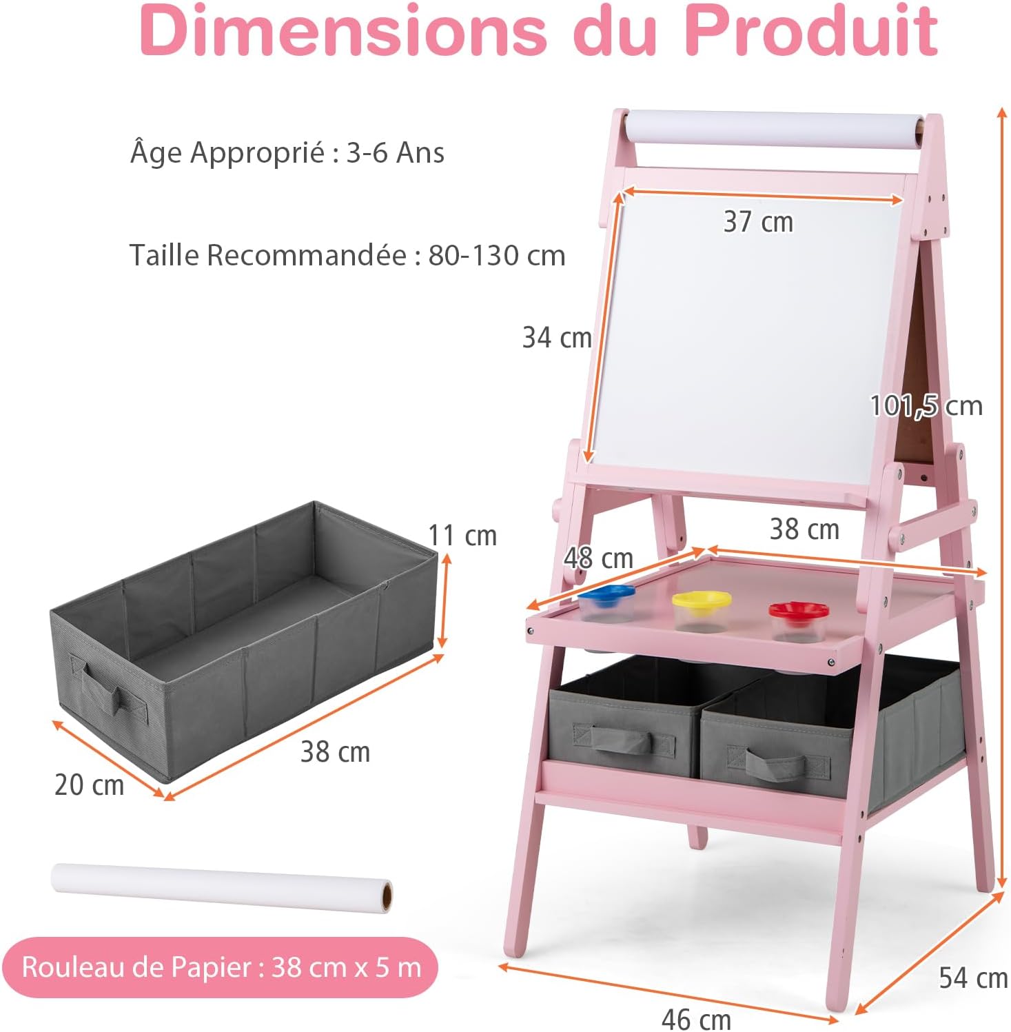 Tableau Enfant Double Face 3 en 1, Chevalet Enfant avec Tableau Blanc Noir et Rouleau de Papier, Chevalet Peinture en Bois, pour 3 à 6 Ans (Rose) - 6