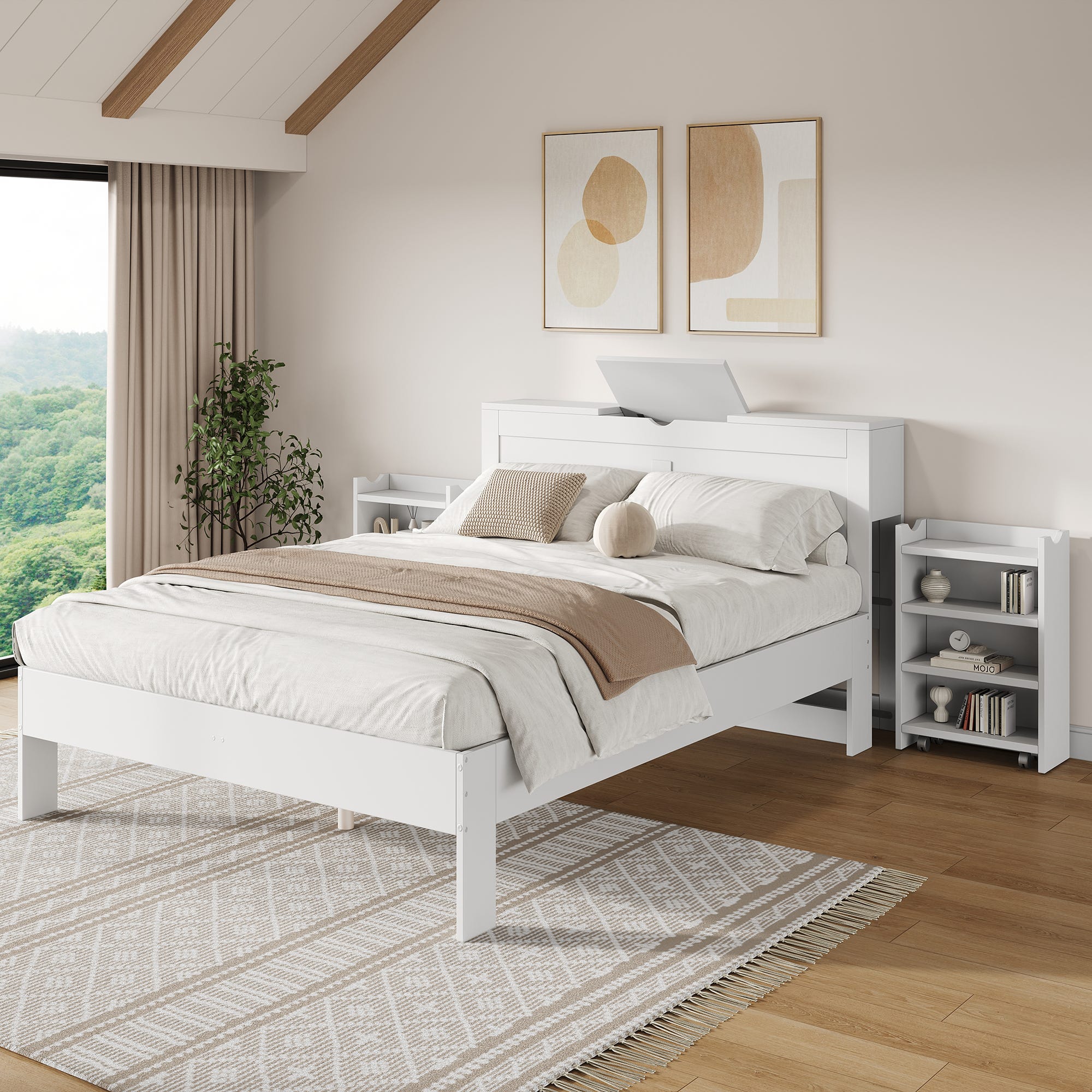 Letto matrimoniale bianco da 140x200 cm con due comodini e spazio