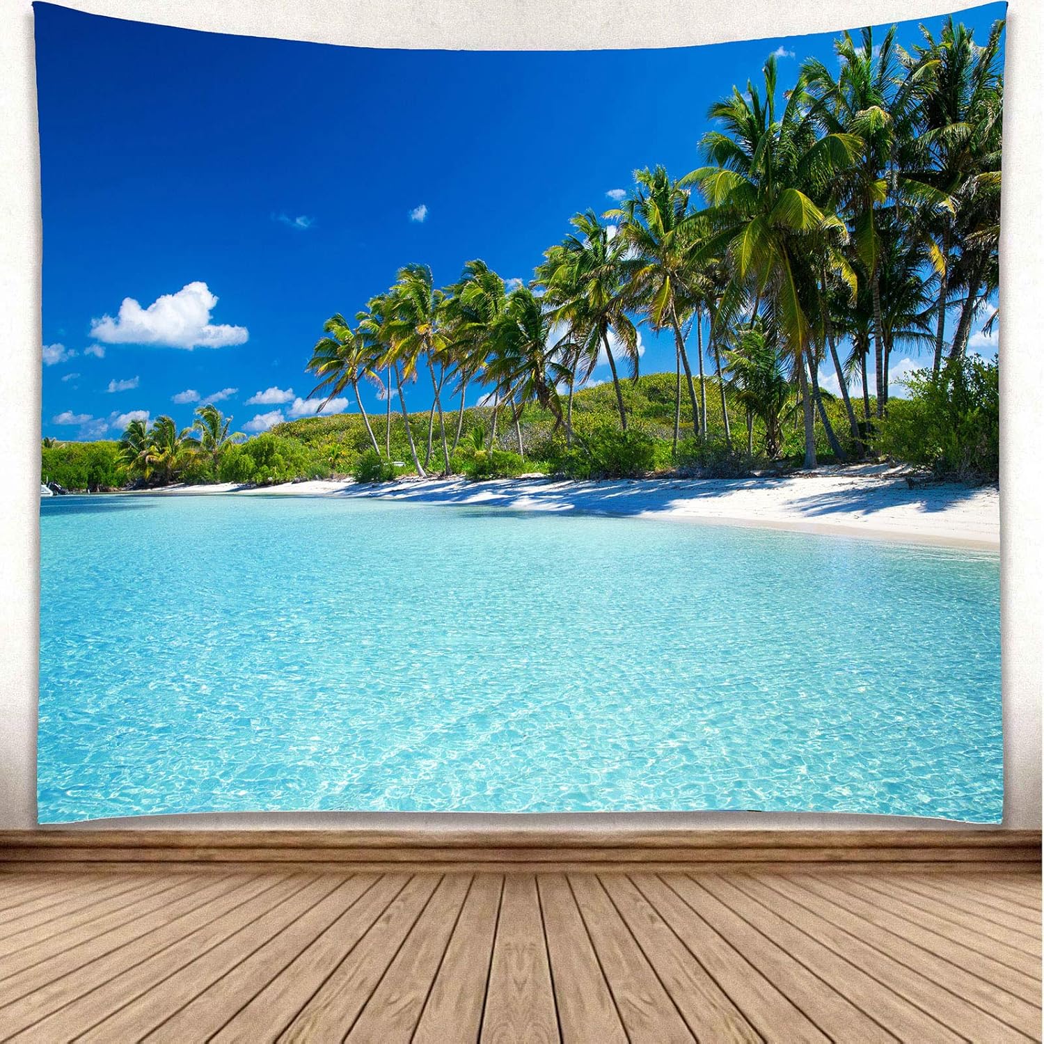 230 x 180 cm Duża gobelinowa ściana z motywem plaży i oceanu, gobelin z motywem łodzi z palmą do salonu, akademika i domu