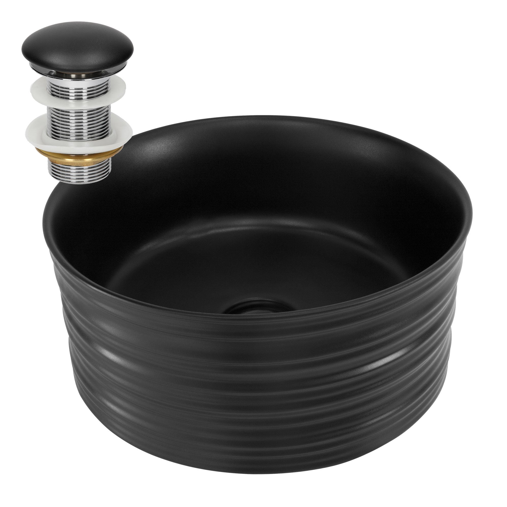 Lavoar de baie LuxeBath, Ø41x18 cm, rotund, ventil pop-up din ceramică si inox, fara orificiu pentru baterie, chiuvetă cu montare pe blat, negru mat