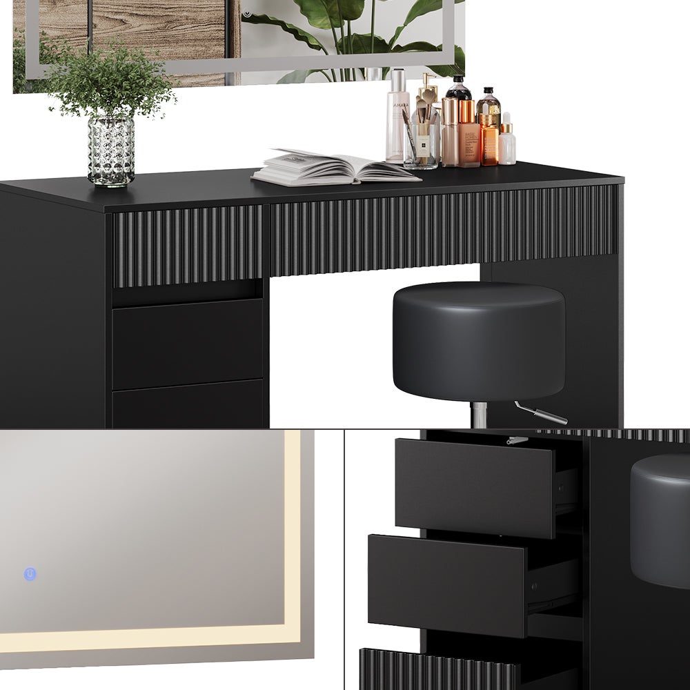 Coiffeuse Mirabell Vicco 100 Cm Marbre Noir Avec Miroir LED Et Tabouret - 3 Tiroirs, Charge 90 Kg - Design élégant, éclairage Réglable 3 Couleurs