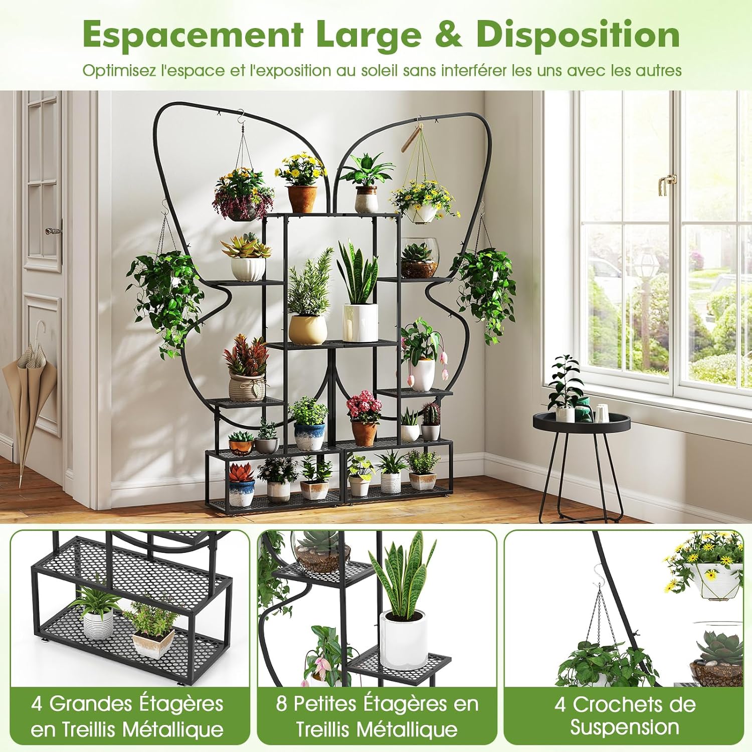 Support pour Plantes en Métal à 6 Niveaux, Étagère à Fleurs avec 12 Tablettes Métalliques 4 Crochets Forme Papillon, 56 x 26 x 185 cm, Noir - 4