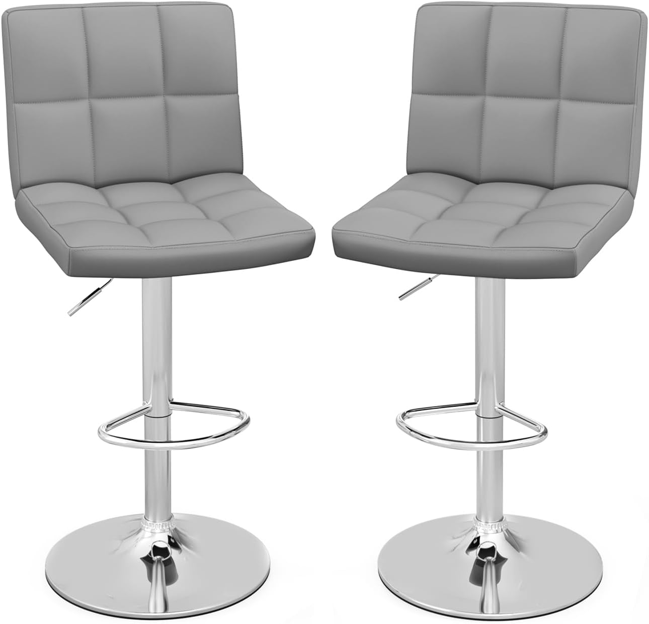 Zestaw 2 Obrotowych Stołków z Regulowaną Wysokością, Barowe z Imitacji Skóry z Regulowanym Siedziskiem, Podnóżkiem, Metalową Podstawą, Szary