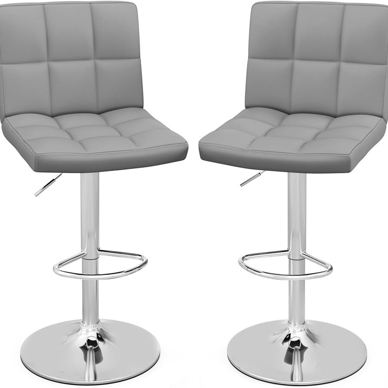 Zestaw 2 Obrotowych Stołków z Regulowaną Wysokością, Barowe z Imitacji Skóry z Regulowanym Siedziskiem, Podnóżkiem, Metalową Podstawą, Szary