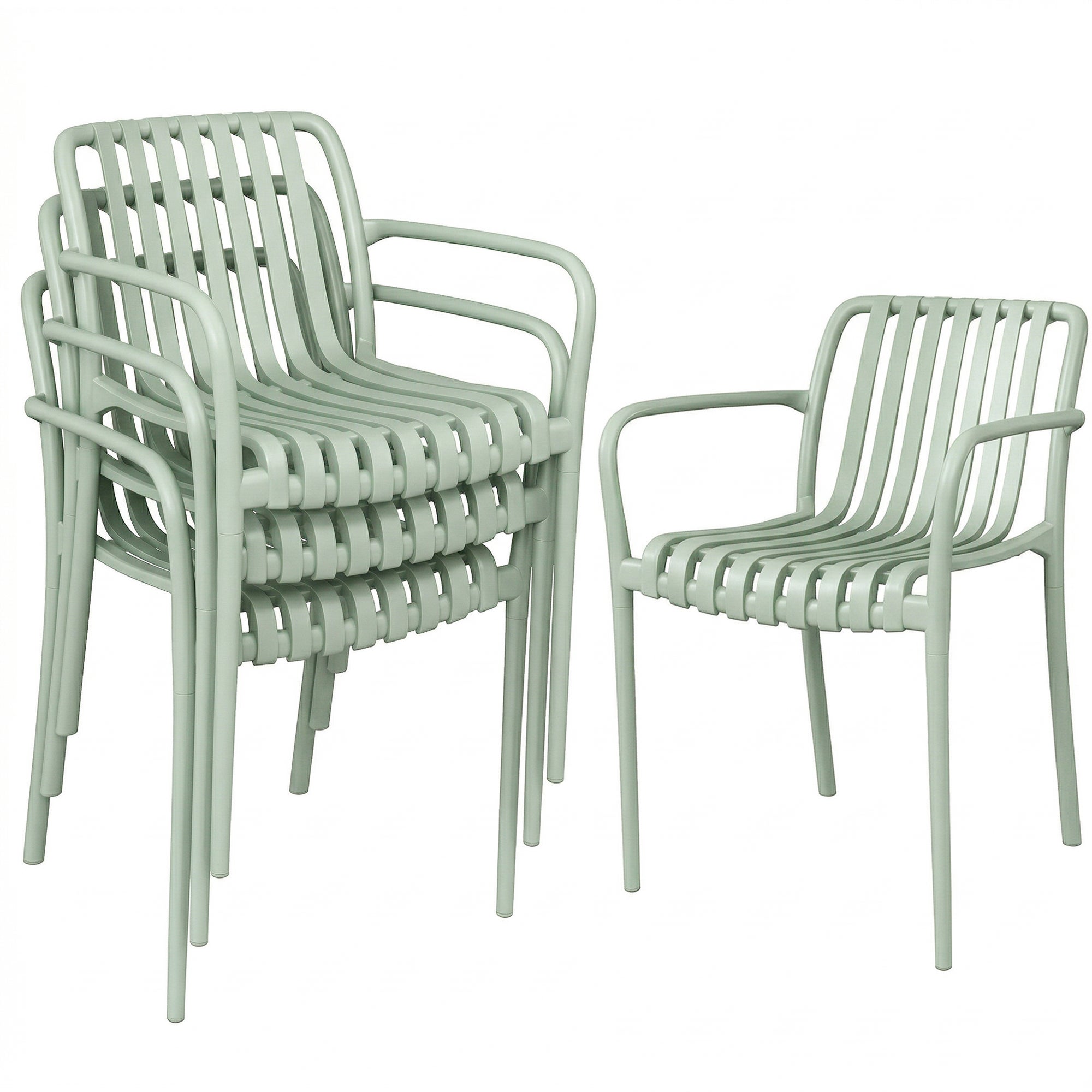 Lot 4 chaises jardin empilables polypropylène anti-UV accoudoirs dossier lattes ergonomique gris vert - 8