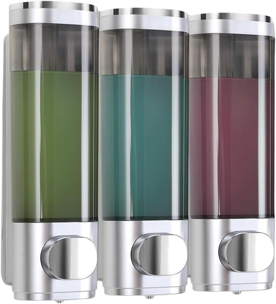 Set di tre dispenser di sapone da parete, non richiede fori, adatto per  shampoo, bagnoschiuma, sapone liquido e balsamo, argento