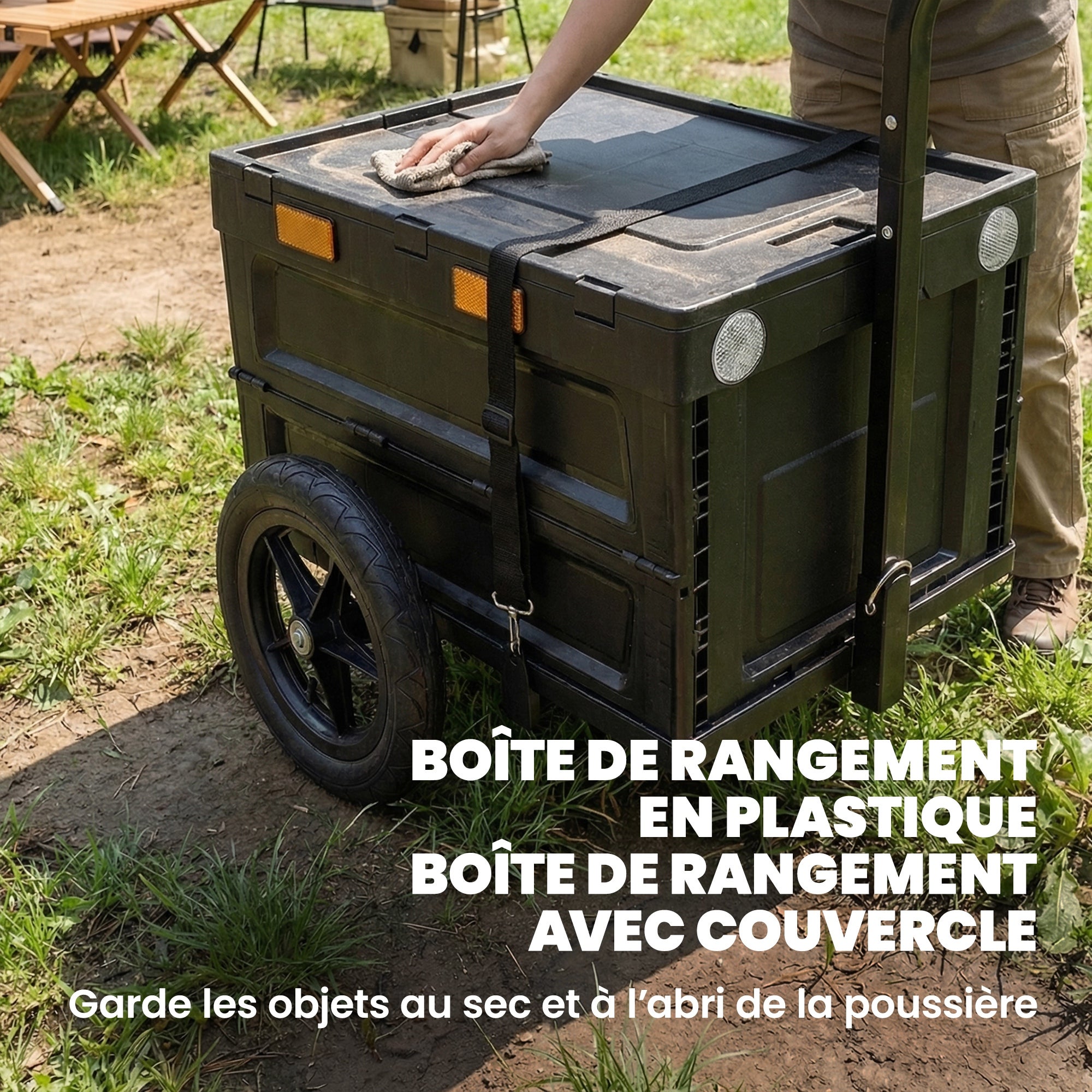 Remorque vélo cargo - chariot de transport - SPORTNOW - pliable caisse plastique 65L et couvercle - acier - 145x51,5x72cm - noir - 5