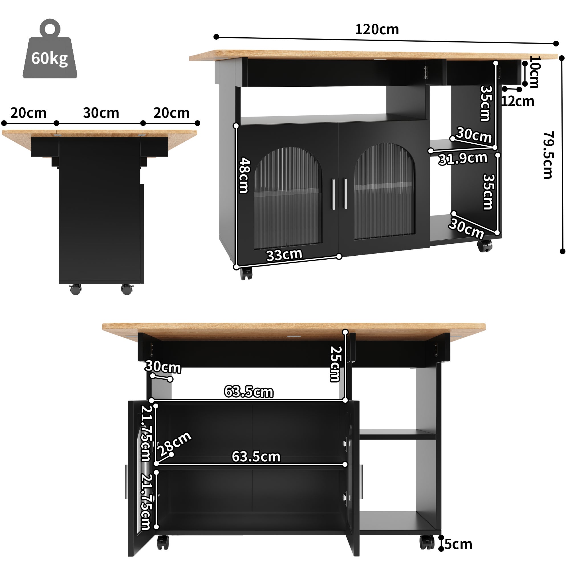 Îlot de cuisine 120x30x79,5 cm, desserte de cuisine avec rangements, buffet, table de salle à manger multifonction, MDF, noir - 5