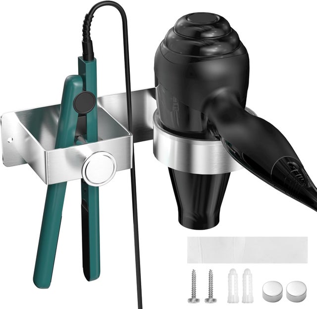 Support Seche Cheveux sans Percage, Porte Seche Cheveux Mural, Rangement Seche Cheveux et Lisseur(Argent)