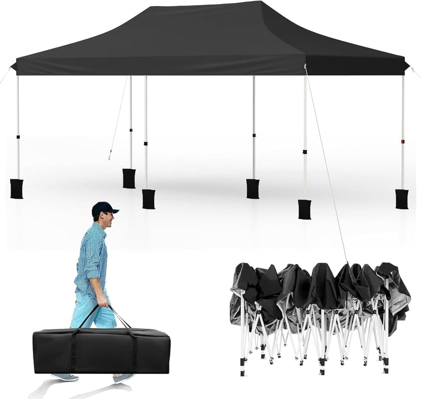 Altana Ogrodowa 3x6 m, Składana, z Regulowaną Wysokością, Torba Transportowa, 6 Worków z Piaskiem, Przenośny Pawilon na Wesela, Pikniki, Czarna