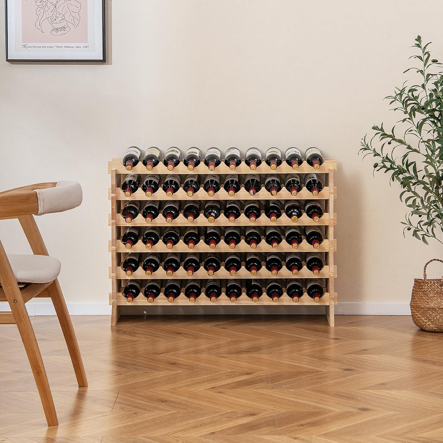 Botellero Vino 60 Botellas, Botellero Apilable de Madera, Estante de Almacenamiento de Vino de 6 Niveles para Suelo para Cocina, Bodega y Bar, - 5