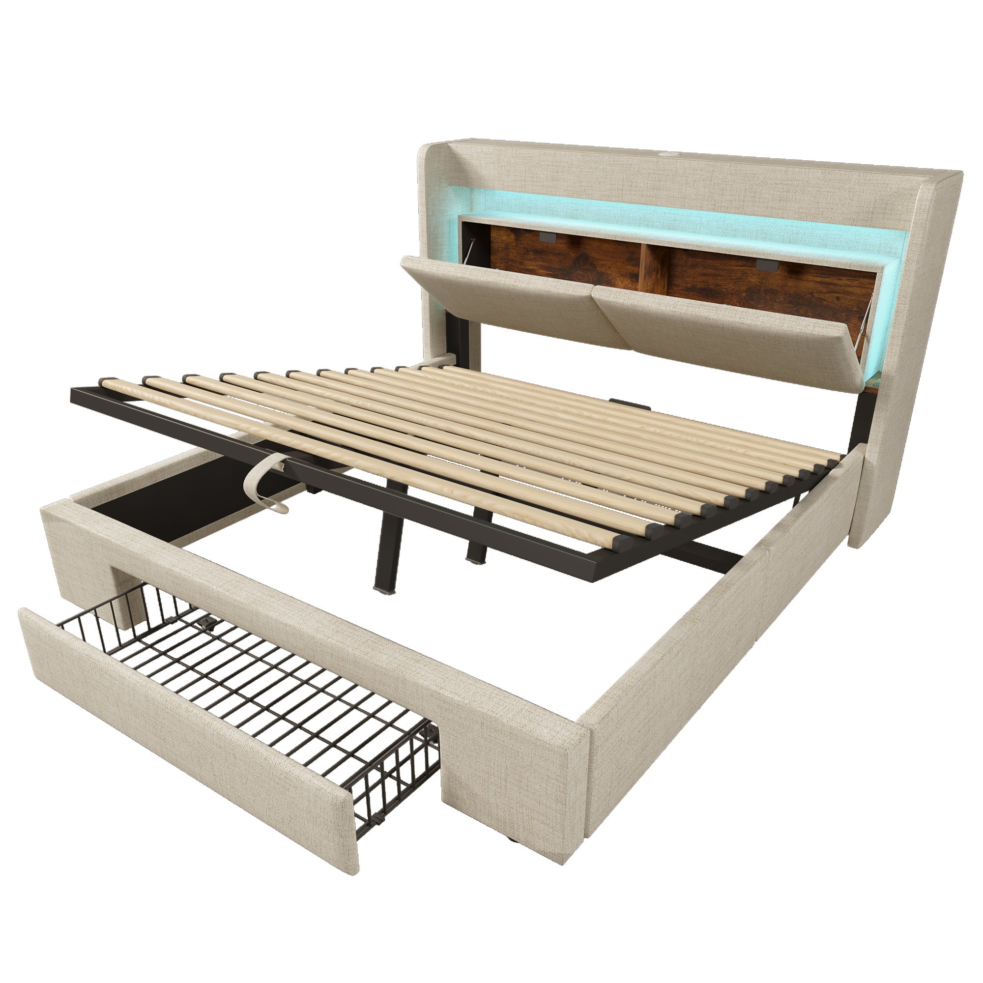 Cama 160x200 cm con contenedor hidráulico y cajon,cabecero con luz LED + USB + Type-C, camas matrimoniales con somier de láminas,tejido de Lino+Beige - 8