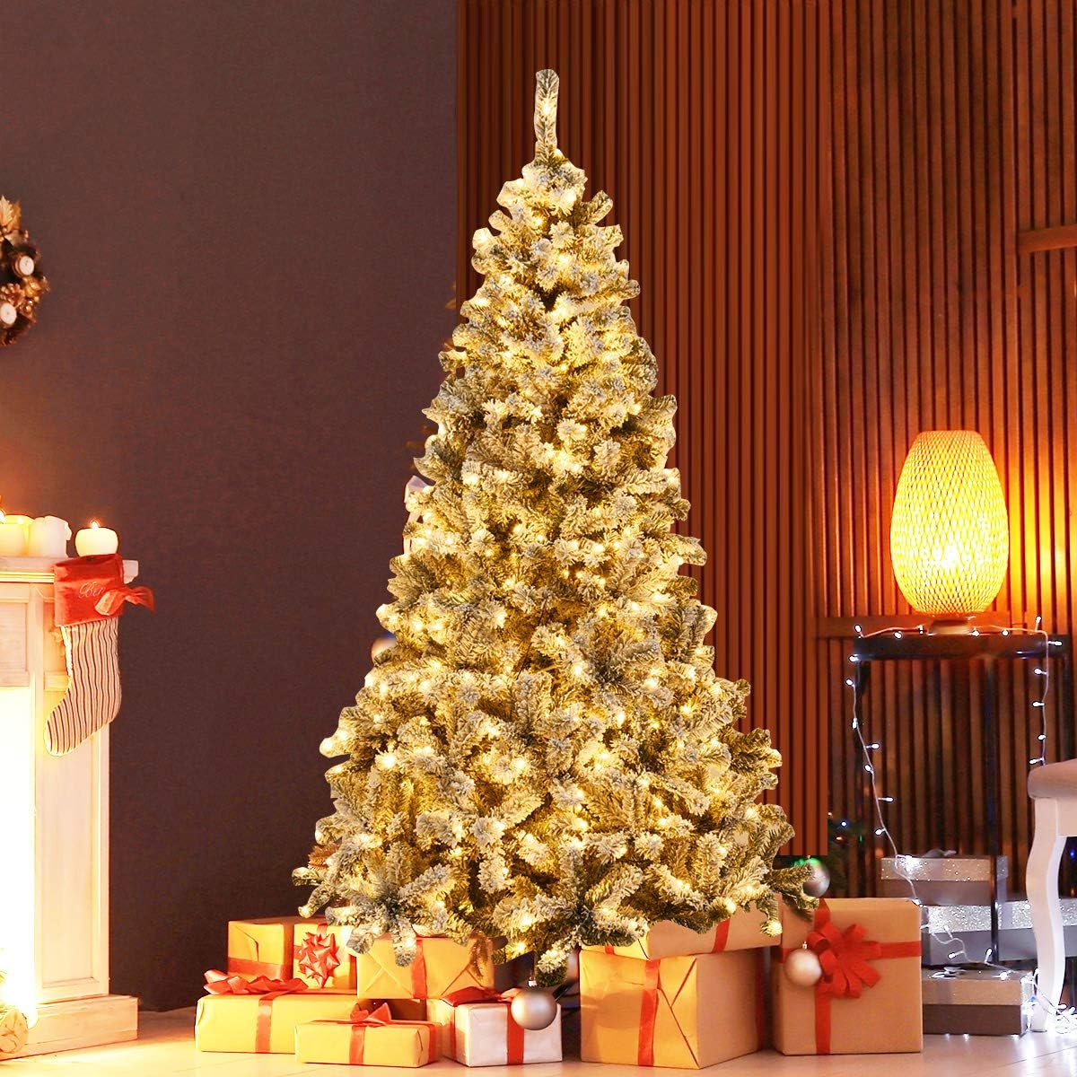 180cm Árbol de Navidad Flocado con 250 Luces LED, 600 ramas de PVC ignífugo con apertura automática, base de metal, blanco - 9