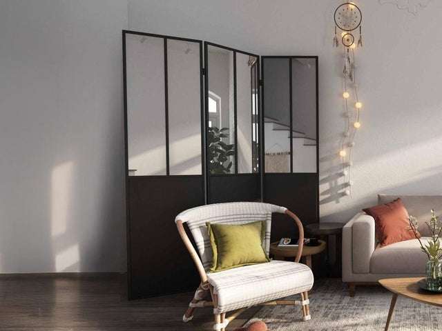 Paravento specchi H. 180 x L. 122 cm Metallo Nero Stile industriale - COVENTRY