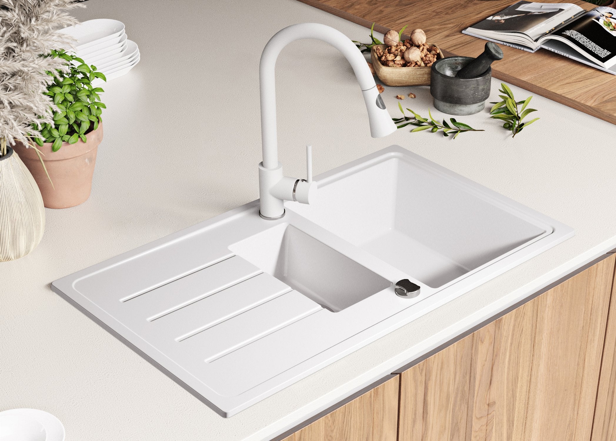 Lavello da Cucina Bianco 90x50cm, Lavandino in Granito a 1,5 vasche + Sifone Classico + Accessori, Lavabo da Cucina Incasso al mobile 60cm PRIMAGRAN - 2