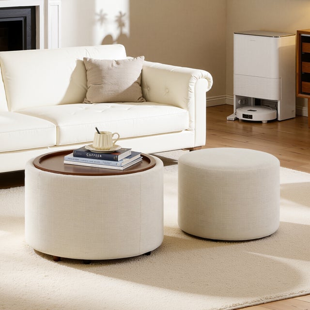 Set di 2 pouf impilabili con contenitore, piano in legno, in lino, beige
