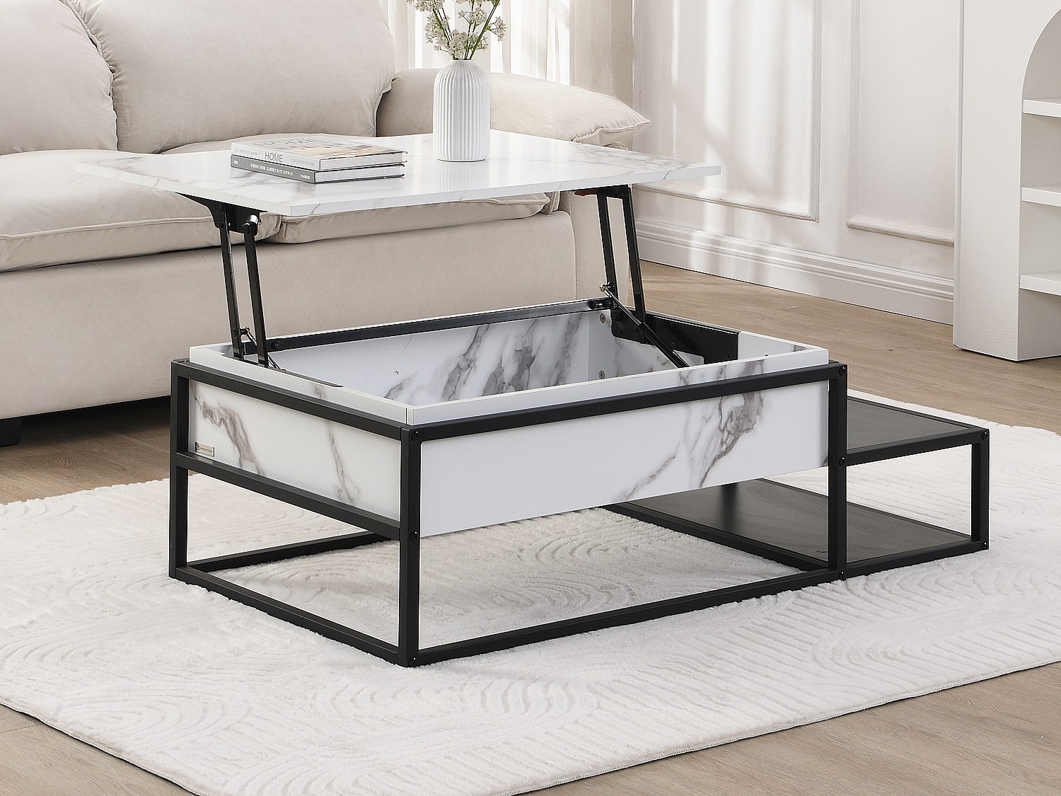 Stolik kawowy z podnoszonym blatem z MDF i metalu - Efekt białego marmuru i czarny - LUTESA