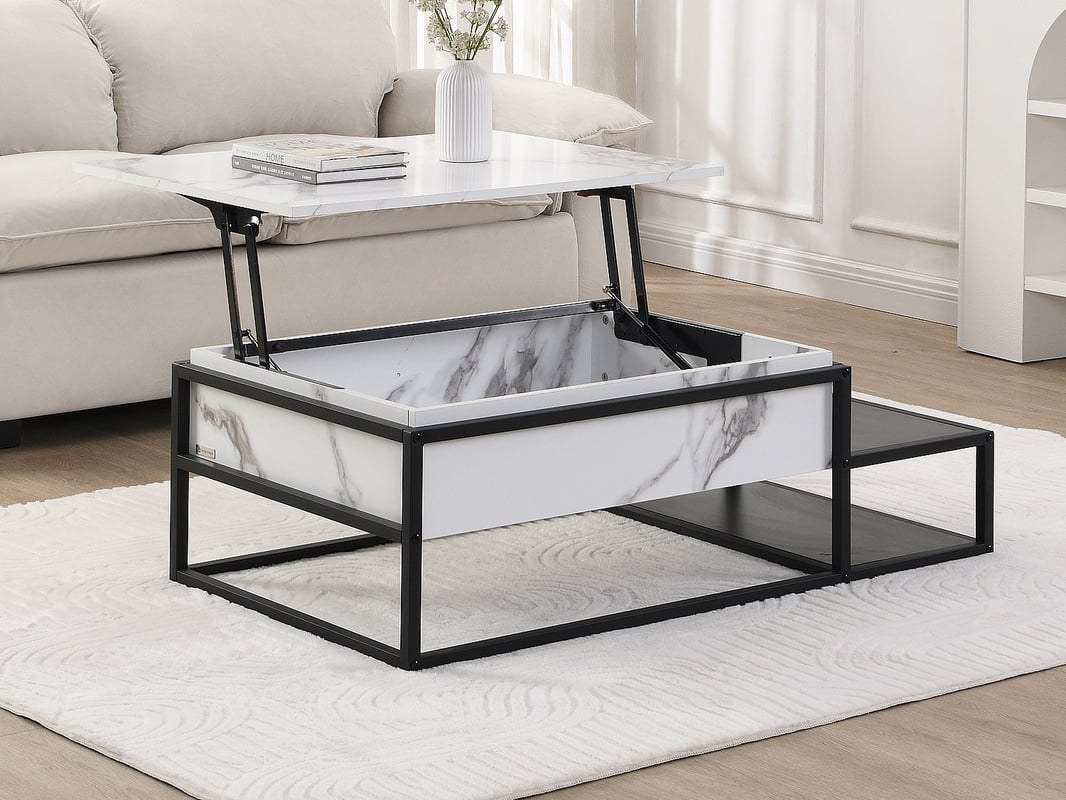 Stolik kawowy z podnoszonym blatem z MDF i metalu - Efekt białego marmuru i czarny - LUTESA