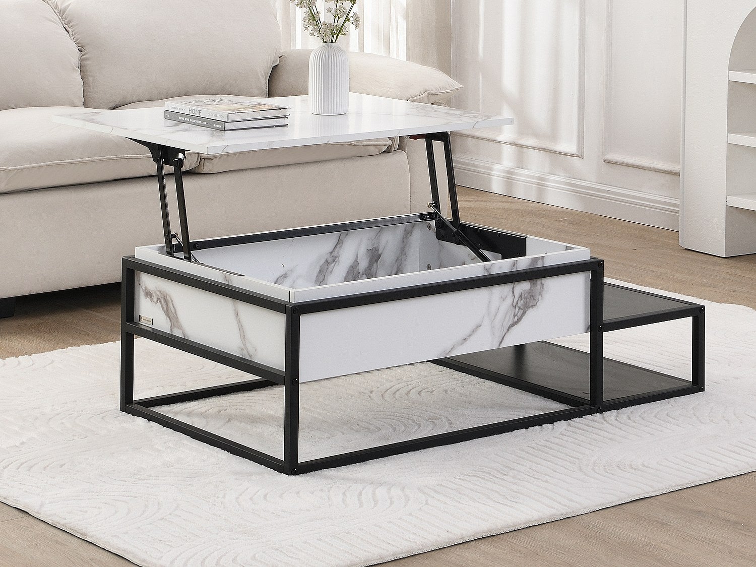 Stolik kawowy z podnoszonym blatem z MDF i metalu - Efekt białego marmuru i czarny - LUTESA