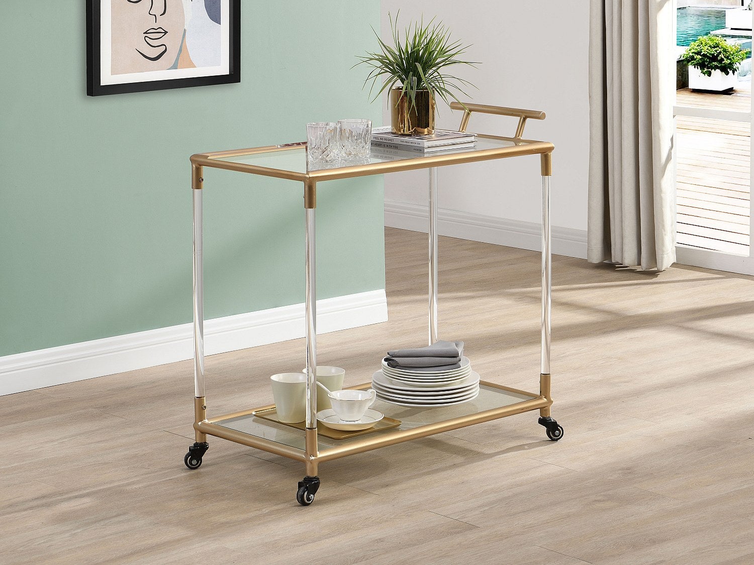 Barek kuchenny na kółkach, podwójne szkło hartowane i metalowy blat – przezroczysty i złoty – ORULA