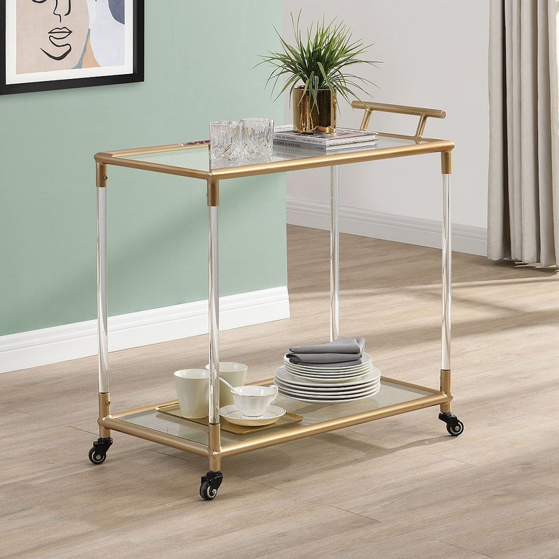 Barek kuchenny na kółkach, podwójne szkło hartowane i metalowy blat – przezroczysty i złoty – ORULA