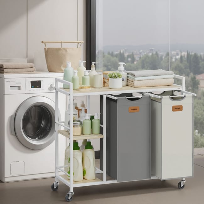 Cesto Portabiancheria 2 Scomparti Con Coperchio 100L - Grigio, Sottile Per Spazi Piccoli - Foto 6