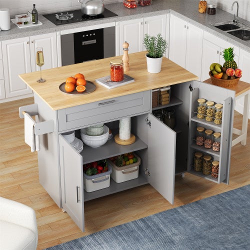 Mesa de cocina móvil 132,5 × 44 (70) × 90 cm - tablero plegable, vetas de roble, soporte para especias, toallero, cocina/comedor, gris