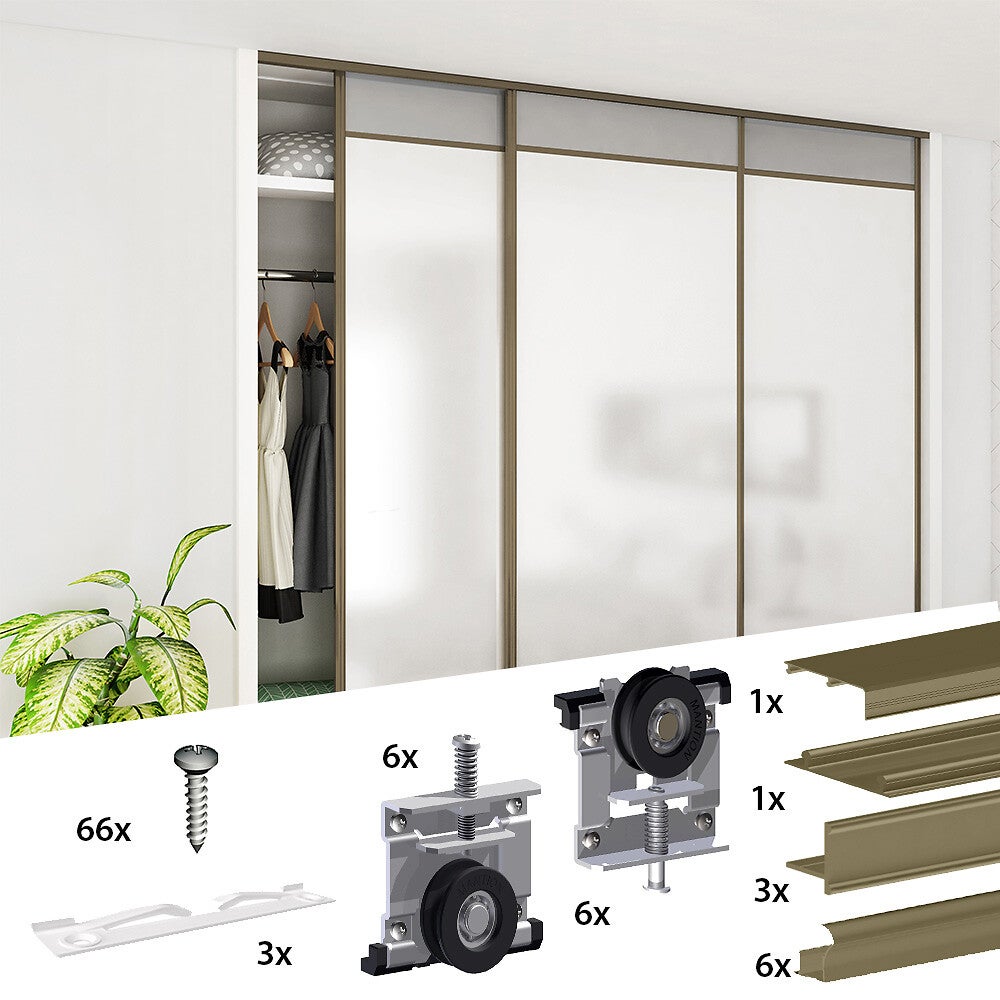 Kit SLID'UP 230 aluminium anodisé bronze pour 3 portes de placard coulissantes 19 mm - rail 2,7 m - 70 kg - 2