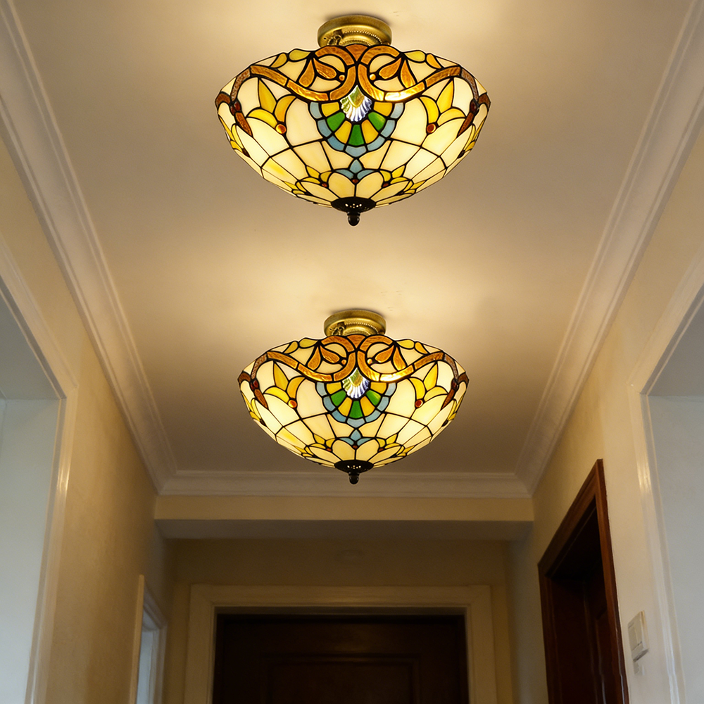 Plafonnier Tiffany, Lustre encastré, Suspension en verre, Éclairage d'entrée LED, Lampadaire LED rétro, φ40 cm (ampoule non incluse) - 3
