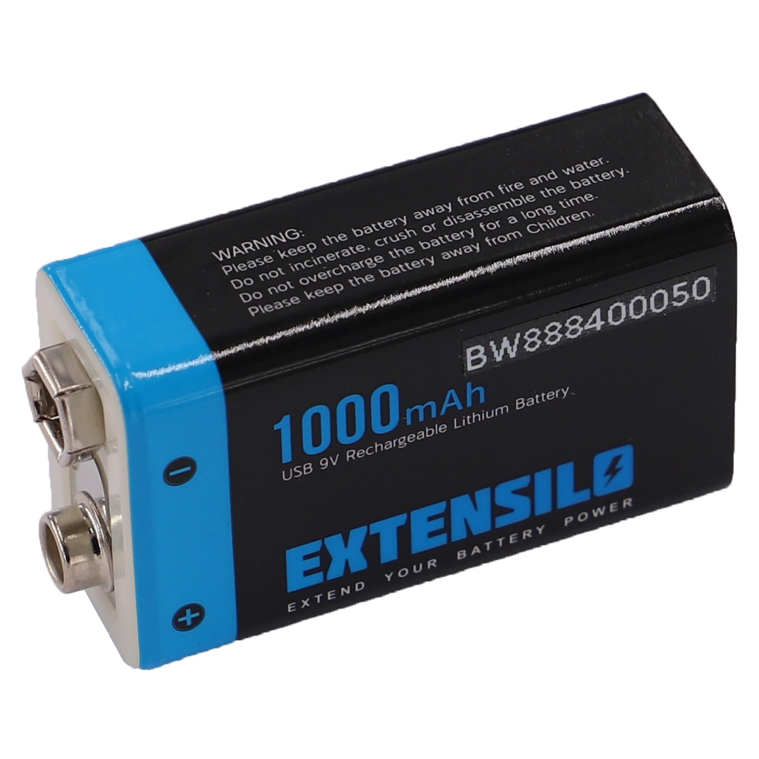 EXTENSILO Pile bloc batterie 9V pour divers appareils (1000mAh, 9V, Li-ion), prête à l'emploi, avec port micro-USB - 5