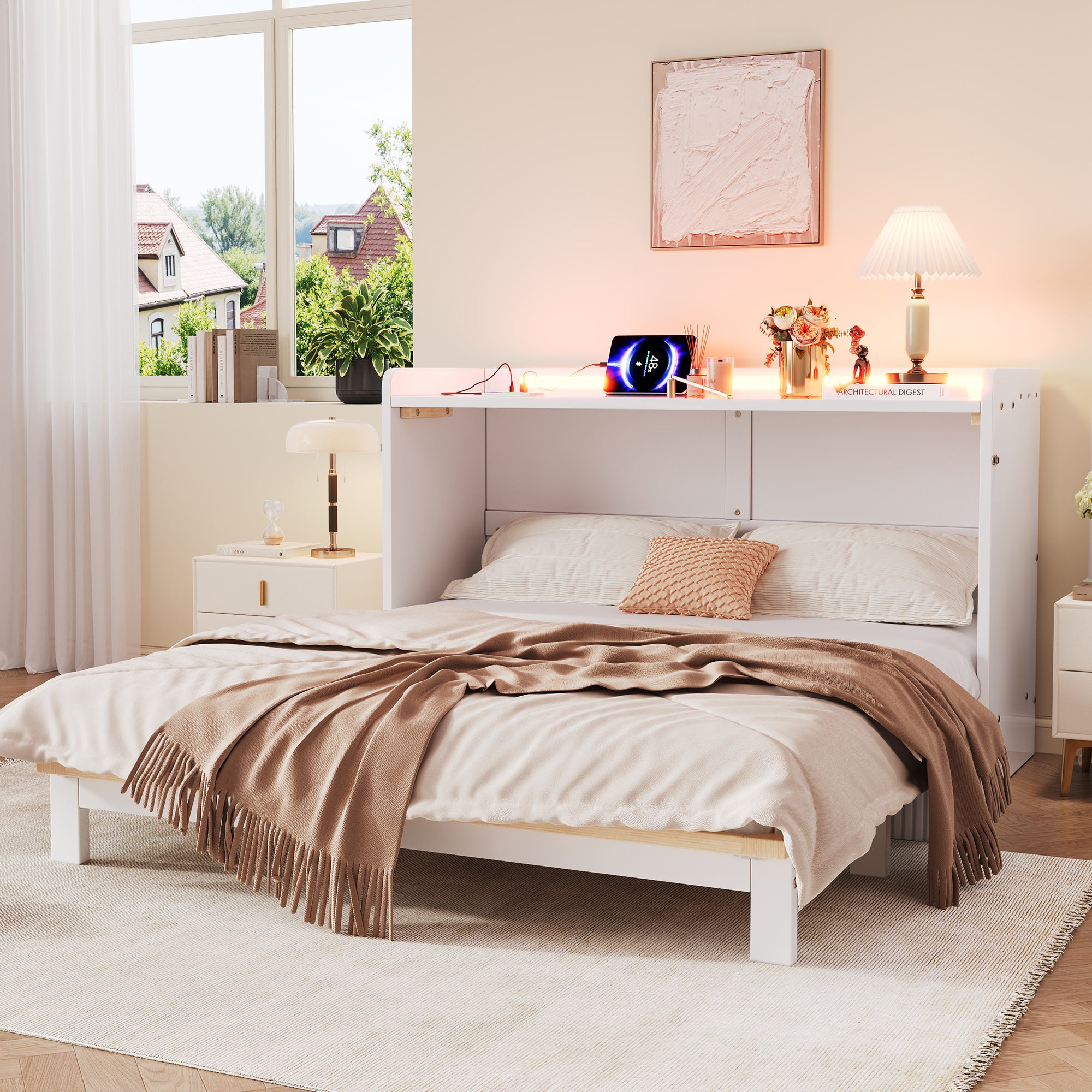 Letto Matrimoniale Con Contenitore 160x200 Cm: Baule Letto Con 2 Cassetti, Luci LED RGB, Porte USB E Prese, Rete A Doghe Inclusa, Senza Materasso, Colore Bianco - 4