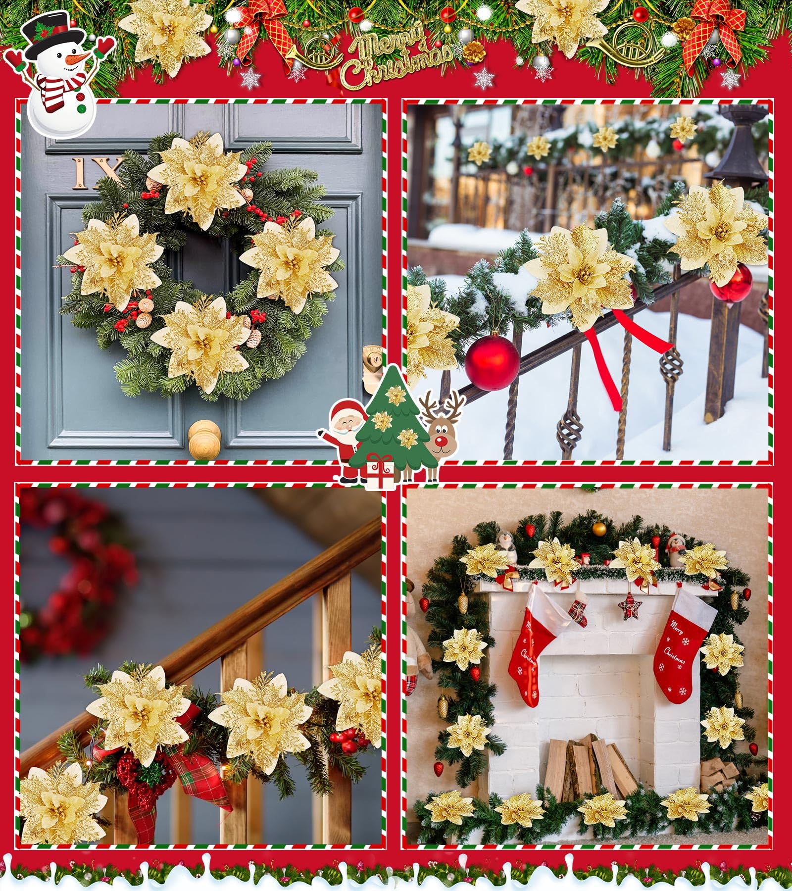 50 pièces décorations de noël, fleurs de noël artificielles avec clips, guirlande d'arbre de noël scintillante pendentifs de fleurs artificielles - 6