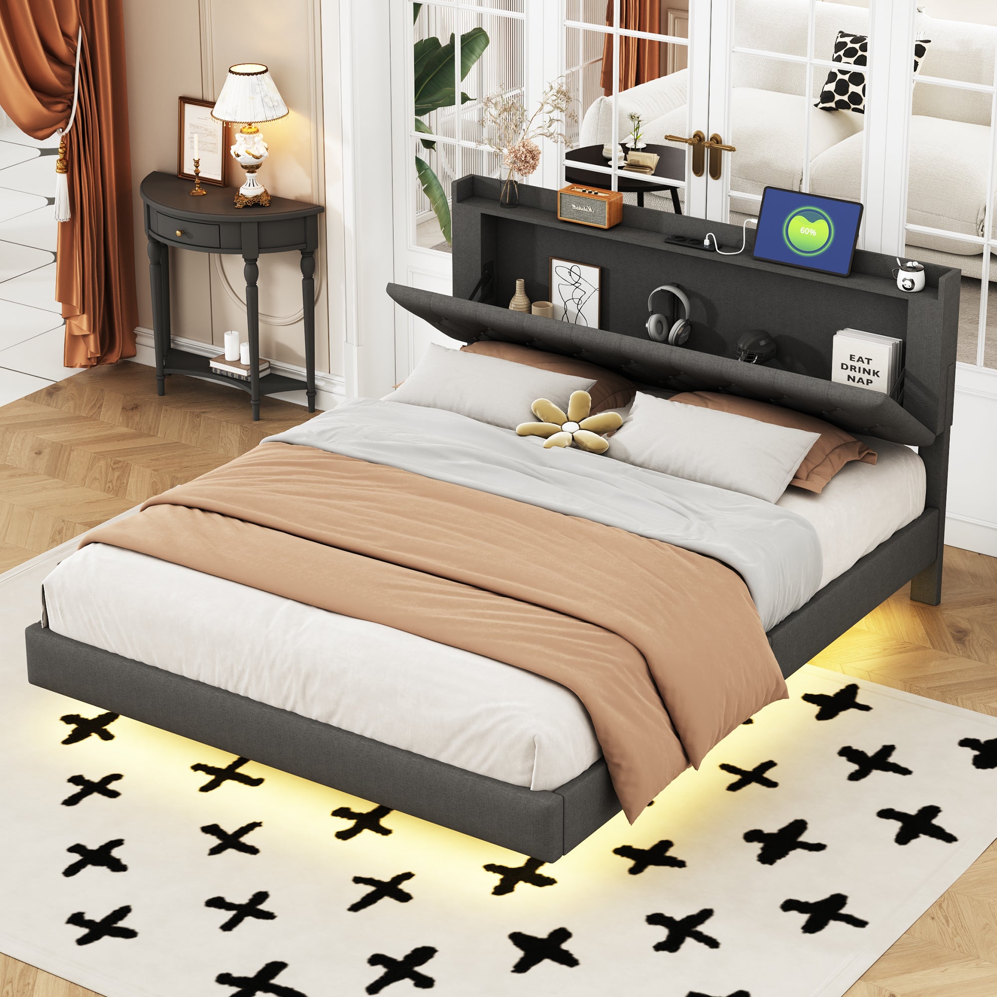 Cama acolchada de lino 160x200 cm - con puerto de carga USB y LED - con somier - Gris - 3