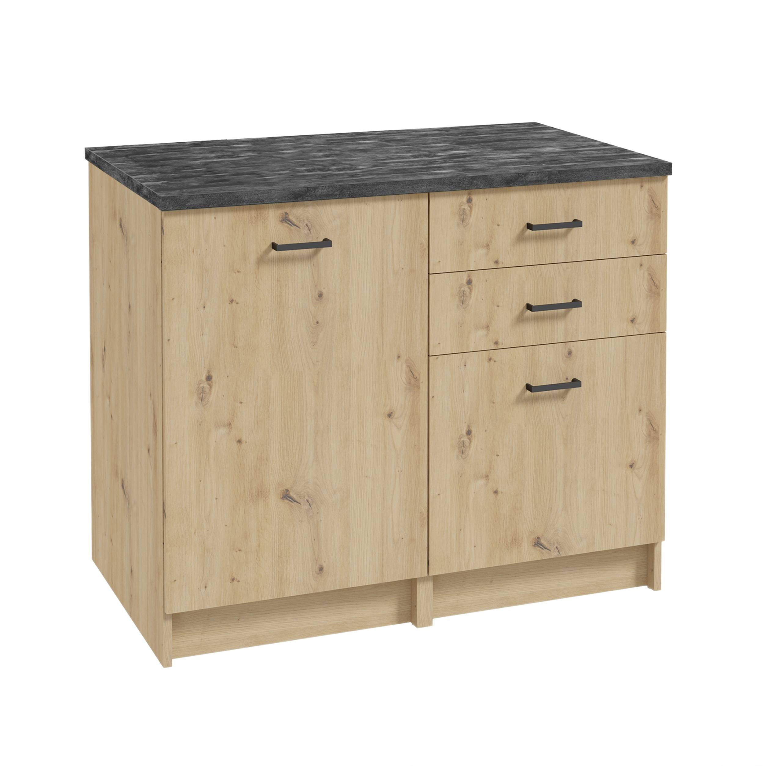 Zestaw Szafek Kuchennych 100 x 60 cm Dąb Artisan Szuflady Blat Beton Czarny
