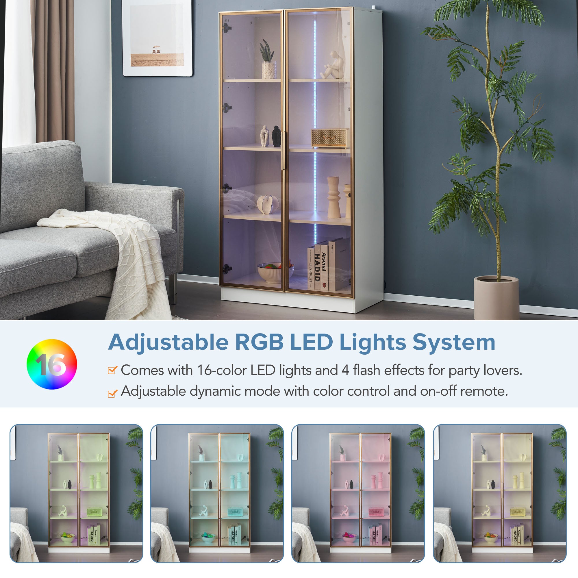 Lot de 2 Vitrine en verre blanc avec éclairage LED et étagères réglables, palette de couleurs platine, blanc - 7