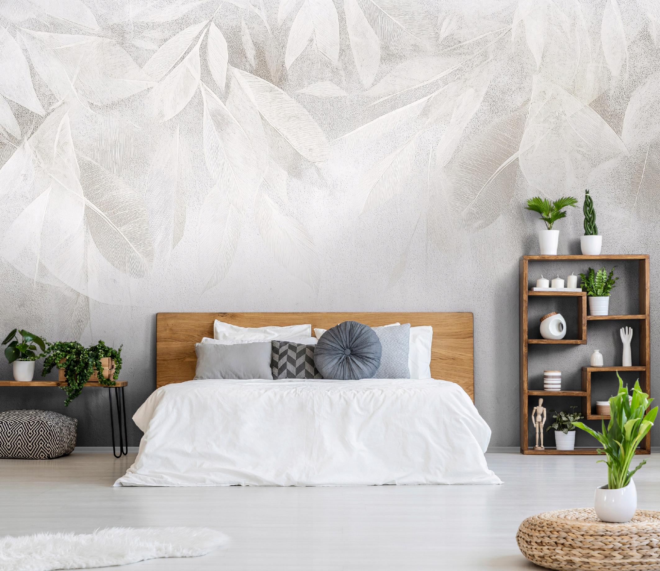 Papel pintado panorámico de hojas grises 350x250 cm - Incluye cola - Dormitorio y salón - Papel pintado moderno - 2