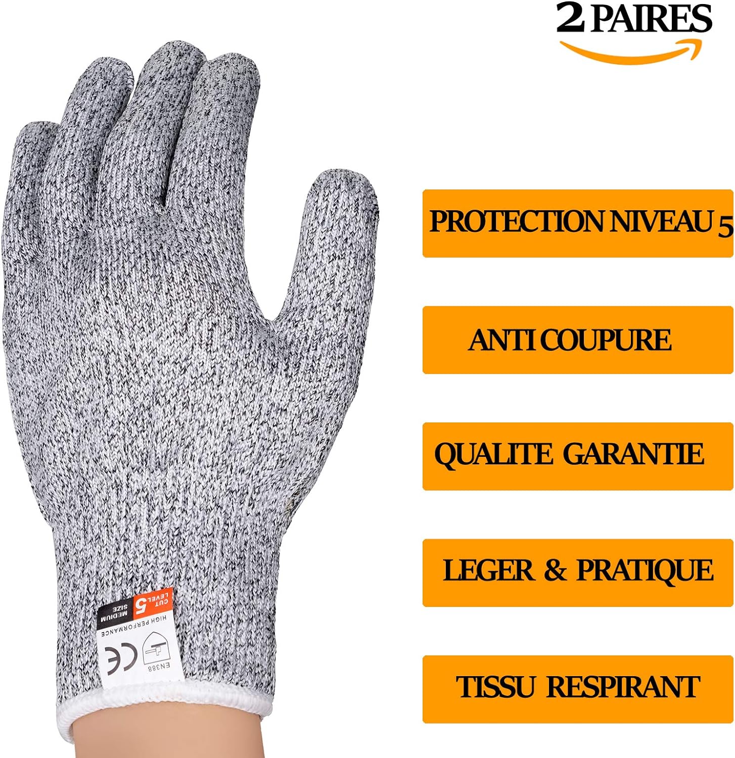 Gants Anti Coupure - 2 Paires de Gants de Cuisine Gants de Travail Sécurité Niveau 5 Protection Normes EN388 Résistant (Bordure noire) - 2