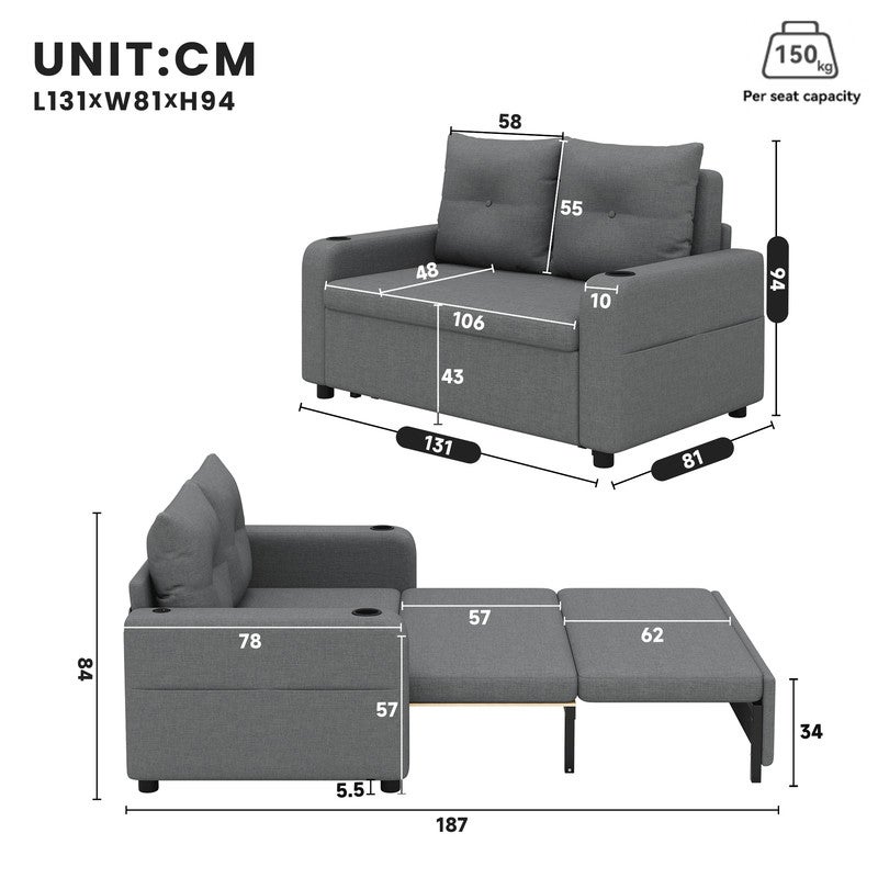 Canapé-lit 2 places 3 en 1 - Modèle dépliable - Porte-gobelet et poche latérale - Coussin de dossier - Port USB - Gris - 5
