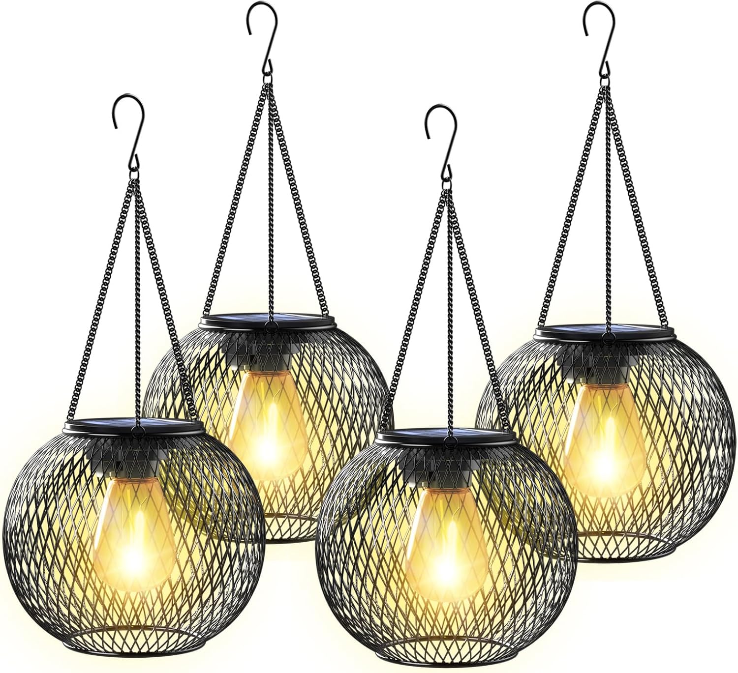 Lampy solarne zewnętrzne, czarne, 15 x 15 x 32 cm, zestaw 4 wiszących metalowych ozdób do ogrodu/tarasu.