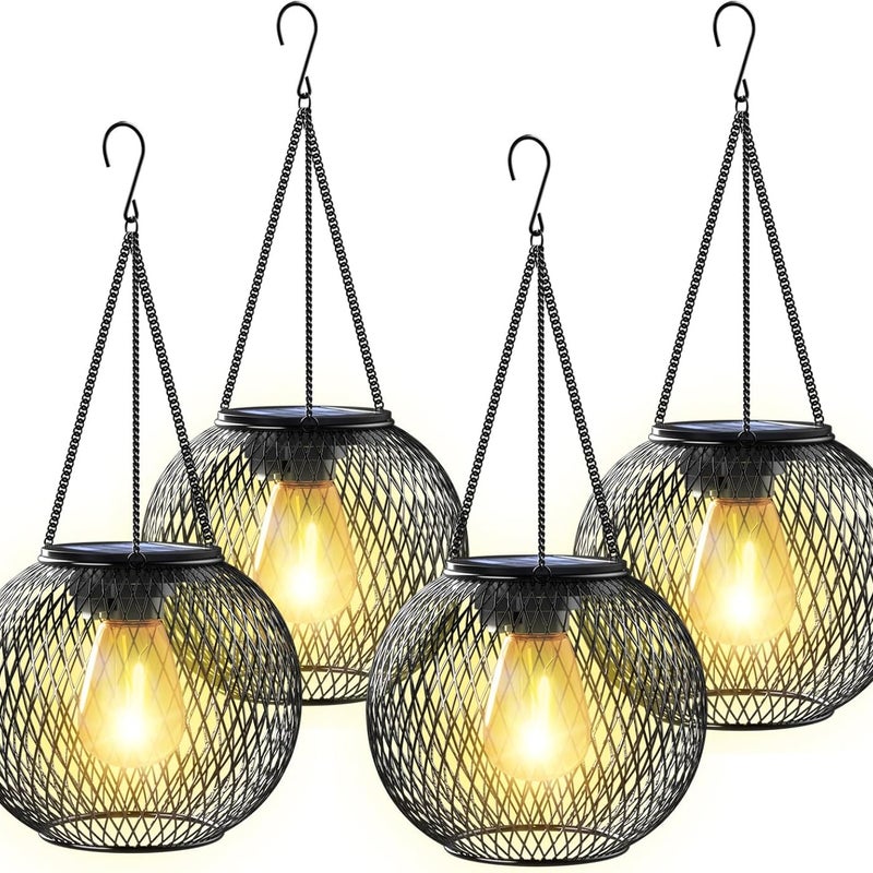Lampy solarne zewnętrzne, czarne, 15 x 15 x 32 cm, zestaw 4 wiszących metalowych ozdób do ogrodu/tarasu.