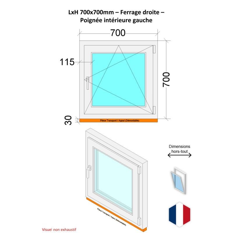 Finestra In PVC Bianco 70x55 Cm, Apertura Destra, Vetro Camera 4+24+4 Mm, Profilo 4 Camere, Girevole, Per Garage E Cantina