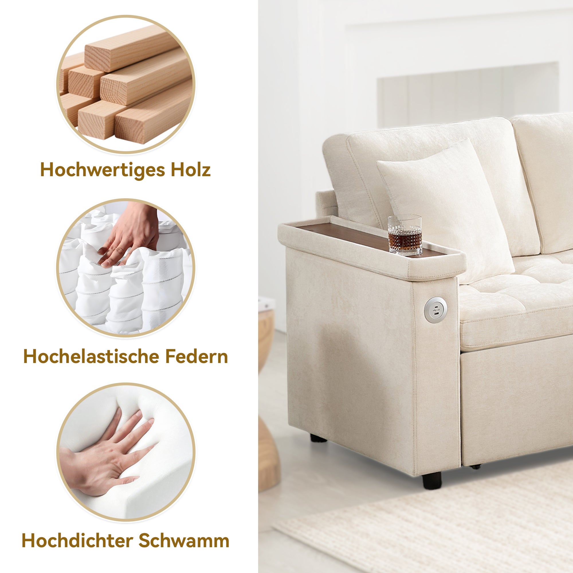 Canapé d'Angle Convertible avec Coffre , Canapé,Lit Moderne 2 à 3 Places avec Port USB, Tissu Chenille Beige - 5