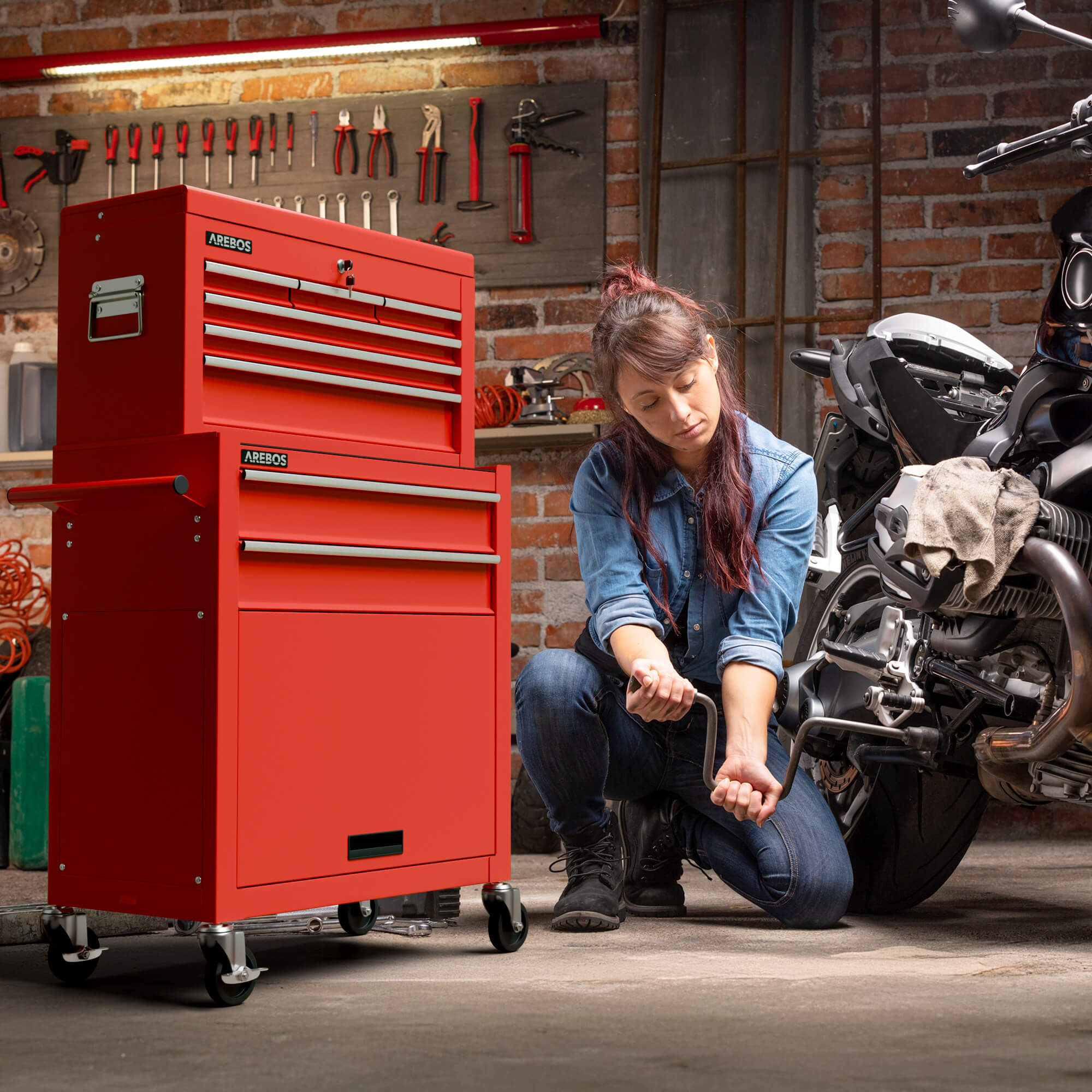 AREBOS Servante d’atelier 9 tiroirs Rouge – Coffre à outils mobile verrouillable, acier robuste, tiroirs à roulements à billes, roues freinées - 2