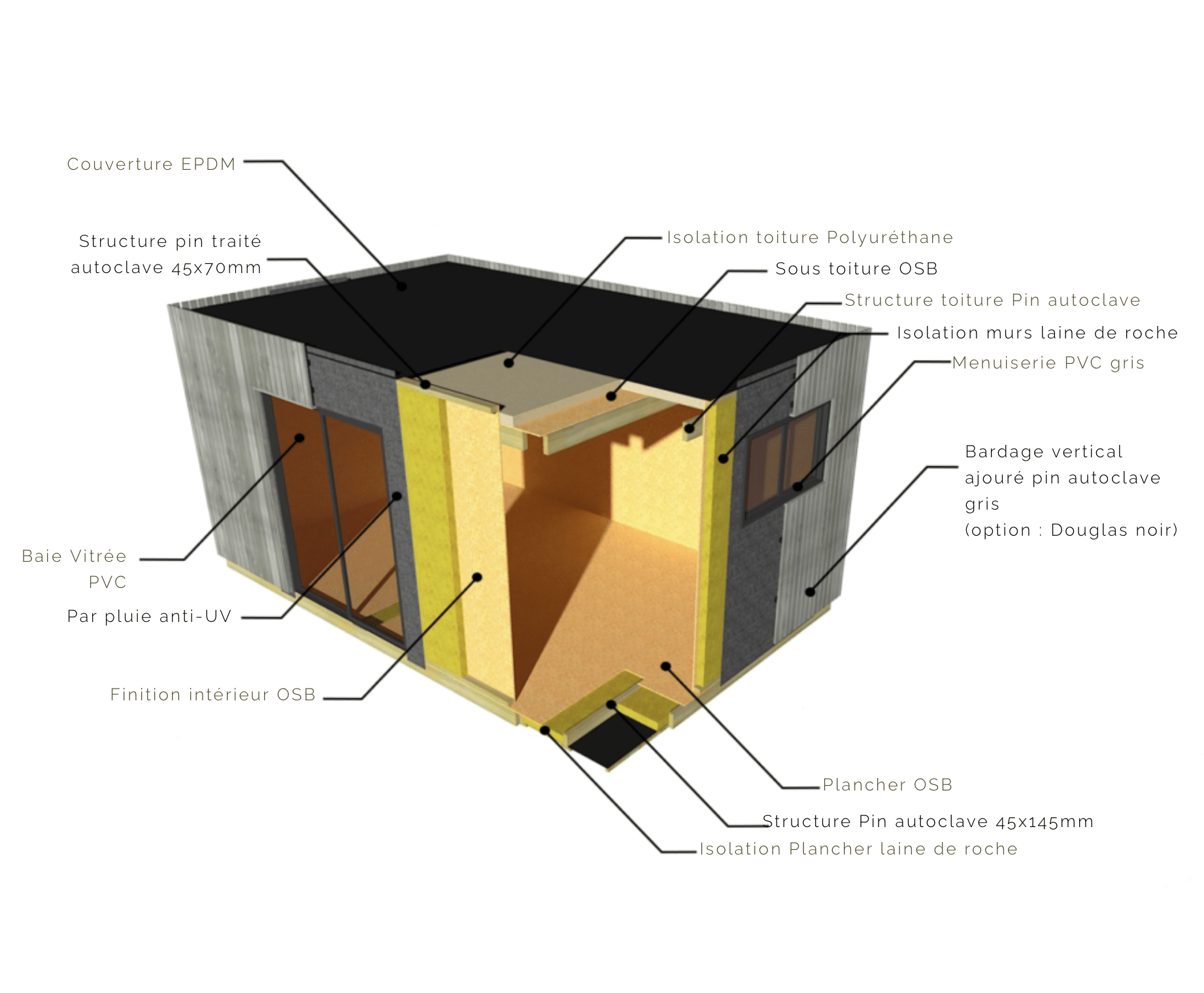 STUDIO DE JARDIN / 19,5 m2 - 5,55 x 3,52m / Plancher isolé / Bardage Brun / Intérieur bois massif CLT / Livraison Gratuite - 4