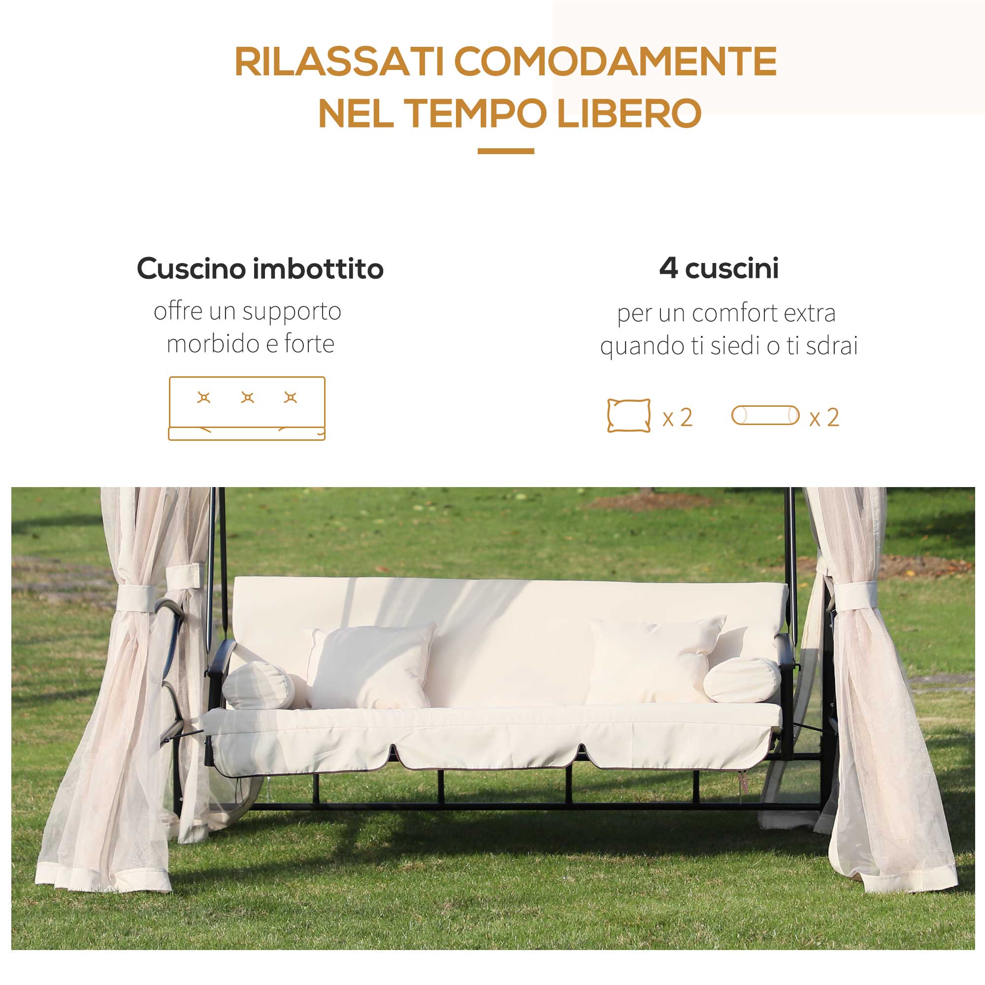Outsunny Mini Gazebo Con Divano Letto A Dondolo Zanzariera Doppio Tetto Cuscini Imbottiti Da Giardino Acciaio 256 X 172 X 248 Cm - 5