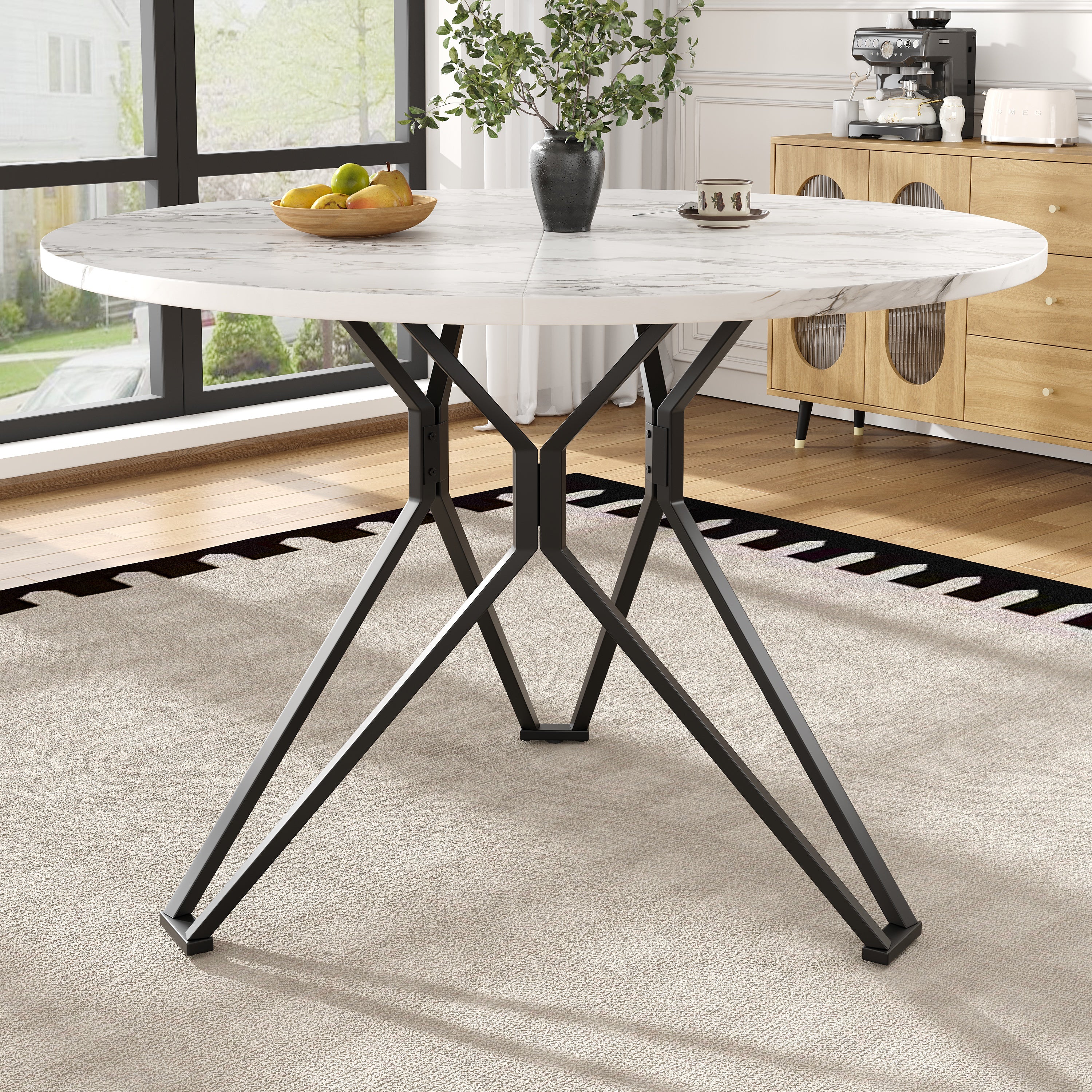 Okrągły stół jadalny dla 4-6 osób - D 100 x W 76 cm - Blat z płyty MDF marmurkowy i nogi metalowe - Biały + czarny